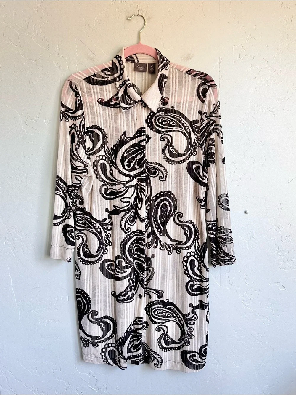 Chico's Women Artsy Black White Paisley Button-Front Long Sheer Tunic Top Blouse